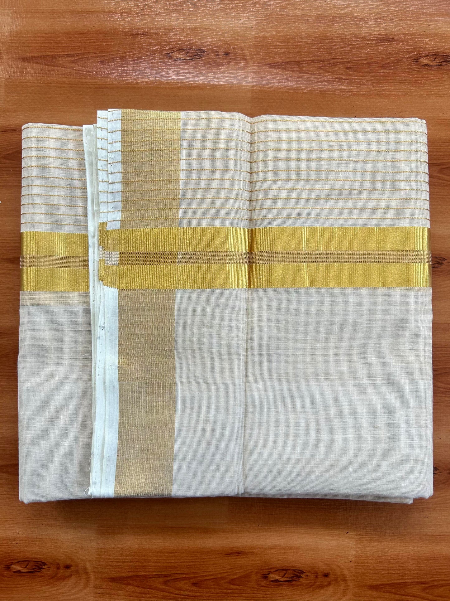 Double Off White - (Unbleached) Mundu/Dhoti -25% Discount! KaithariKada Handloom Millpaav Kerala Handloom - Pure Cotton - (80X78) - 6.5 inch Gold Kasav Striped Kara With Tissue Body 3.75 mtr (8 Muzham) - 1 KK5402 CED