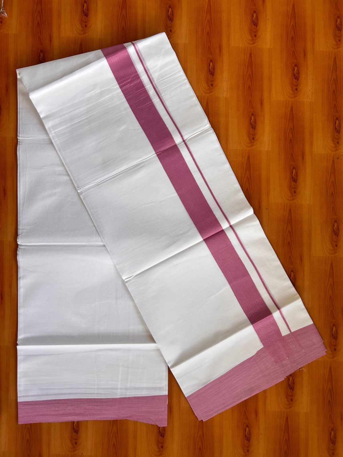 Pure White Double Mundu/Dhoti - 20% Discount ! Kaitharikada Pure Cotton - 100x80 - 1.5 inch Lavender Pink Kara 3.80 mtr (8 muzham) - 20 KK5523 MC