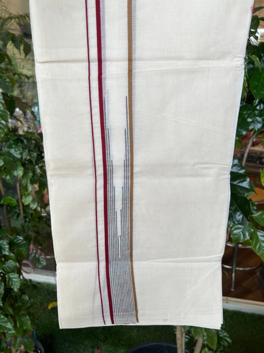 20% Discount ! Kaitharikada Balaramapuram 100% Cotton Double Off white (Unbleached) Mundu/Dhoti - 100x80 - 1.5 inch Maroon & Brown Stripes Chutty Kara - 11KK5186CKS