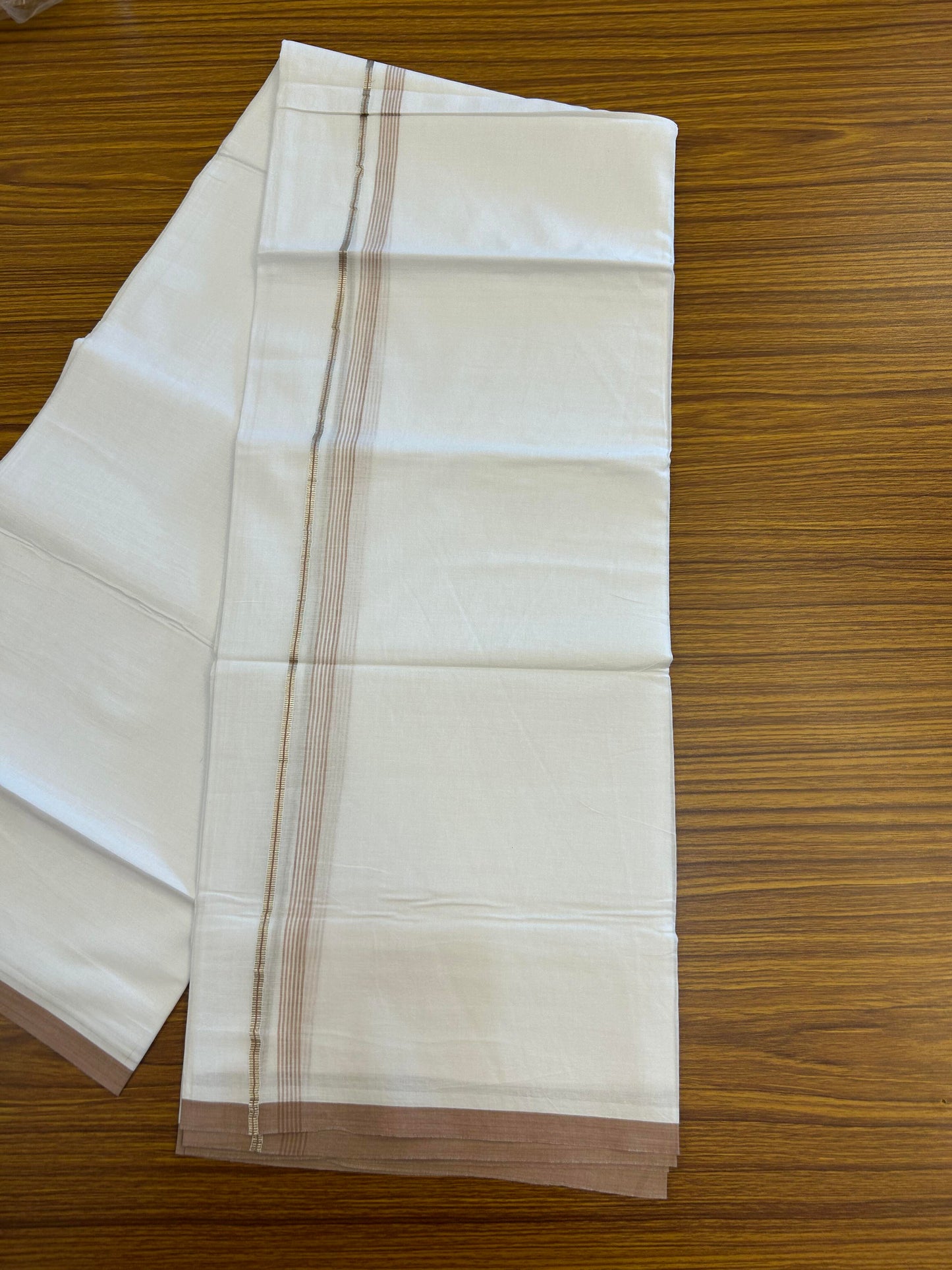 20% Discount ! KaithariKada Balaramapuram 100% Cotton Pure white Double Mundu/Dhoti - 100x80 - 0.5 inch Silver Kasav & Dusty Peach shaded striped Kara 3.78 m - 3.90 m (8 muzham) - 101 KK5363 VIN