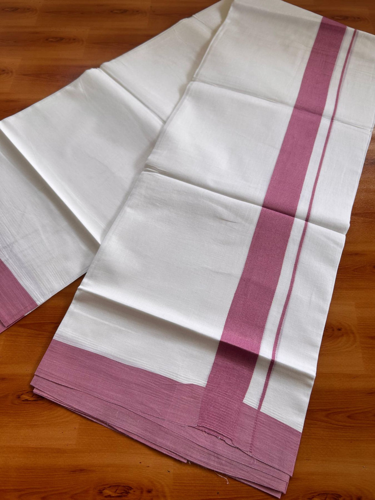 Pure White Double Mundu/Dhoti - 20% Discount ! Kaitharikada Pure Cotton - 100x80 - 1.5 inch Lavender Pink Kara 3.80 mtr (8 muzham) - 20 KK5523 MC