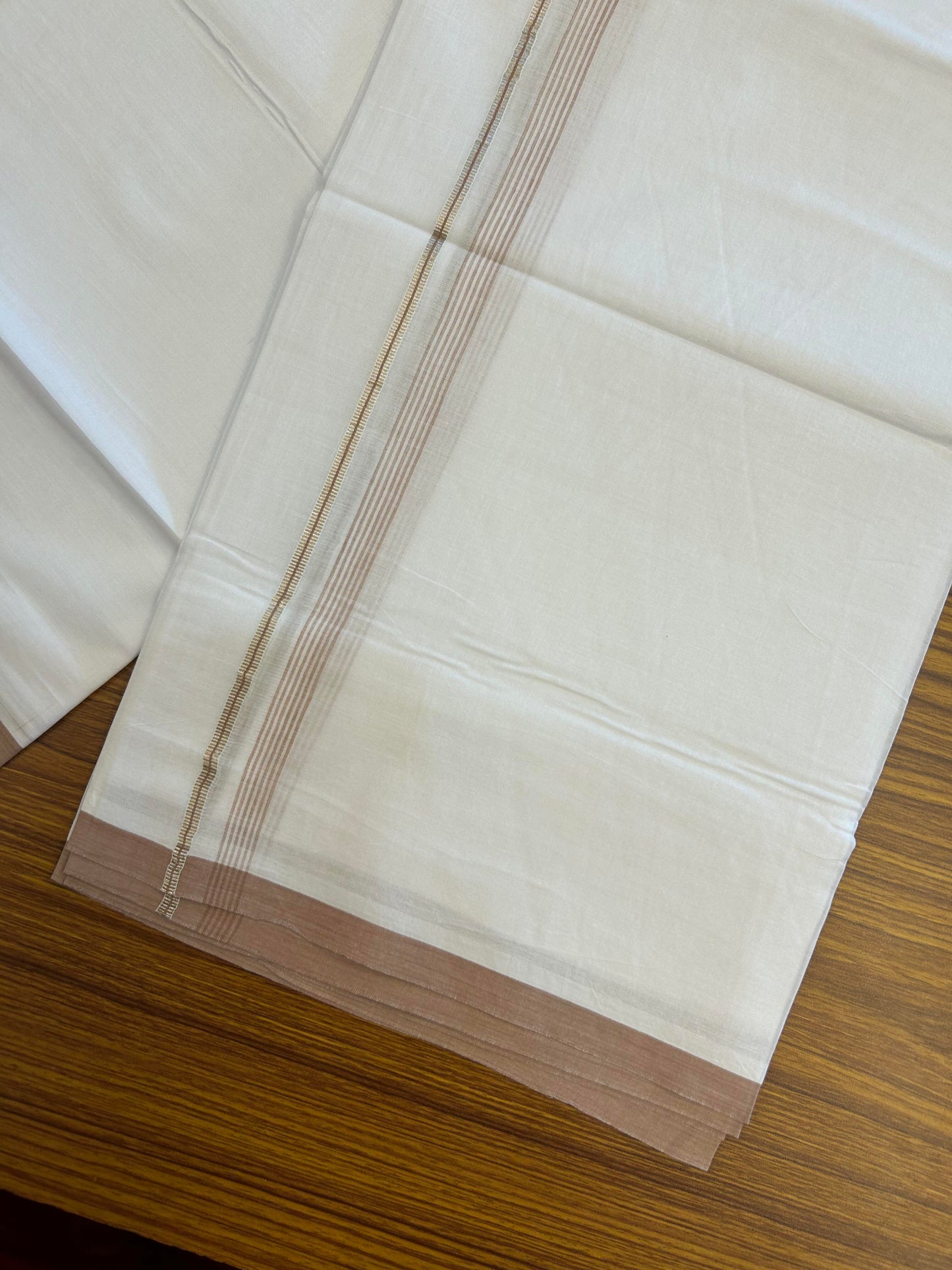 20% Discount ! KaithariKada Balaramapuram 100% Cotton Pure white Double Mundu/Dhoti - 100x80 - 0.5 inch Silver Kasav & Dusty Peach shaded striped Kara 3.78 m - 3.90 m (8 muzham) - 101 KK5363 VIN