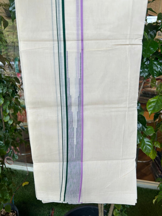 20% Discount ! Kaitharikada Balaramapuram 100% Cotton Double Off white (Unbleached) Mundu/Dhoti - 100x80 - 1.5 inch Lavender & Green Stripes Chutty Kara - 10KK5186CKS