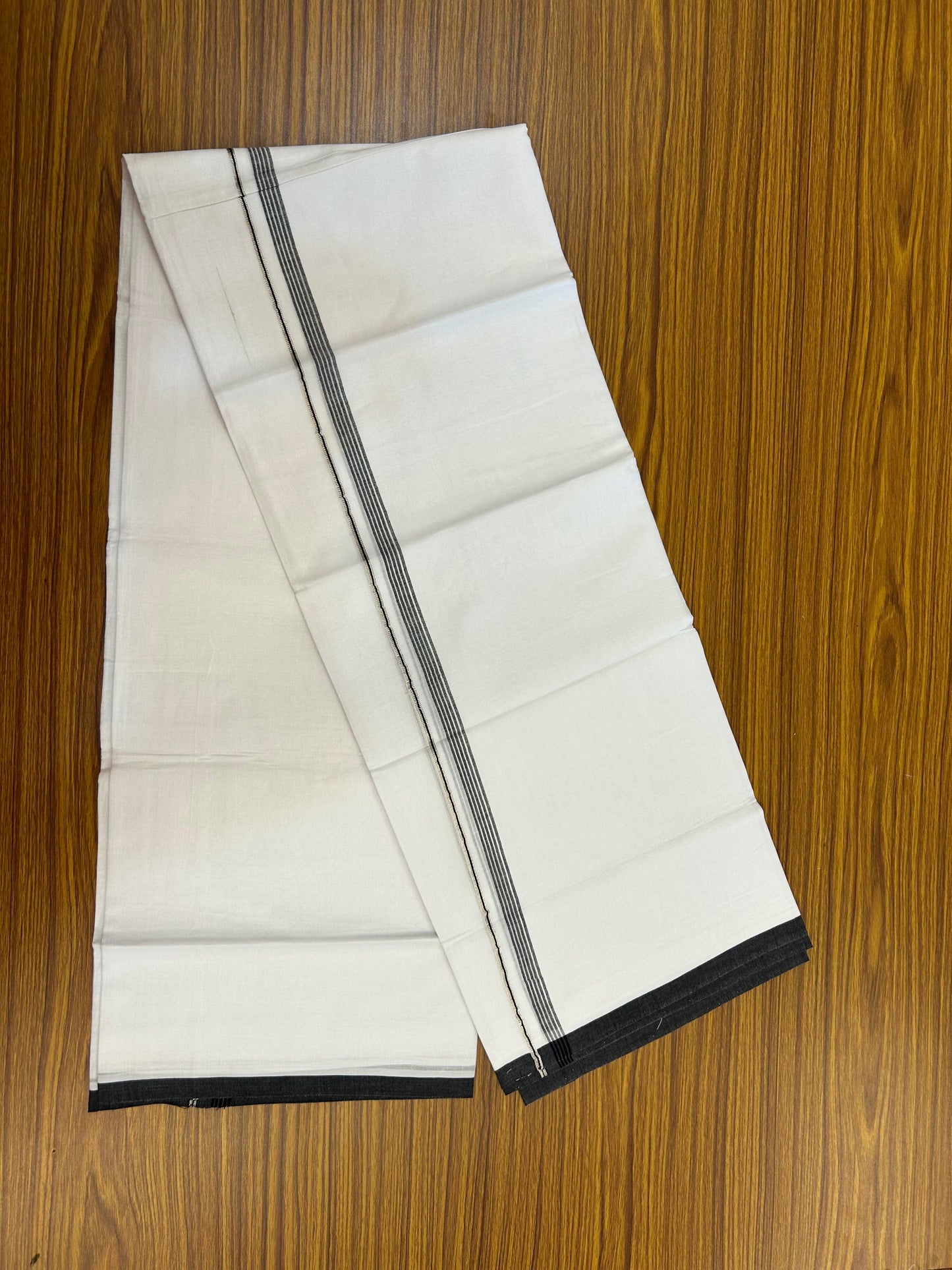 20% Discount ! KaithariKada Balaramapuram 100% Cotton Pure white Double Mundu/Dhoti - 100x80 - 0.5 inch Silver Kasav & Black striped Kara Between 3.78 - 3.90 m (8 muzham) - 97 KK5363 VIN