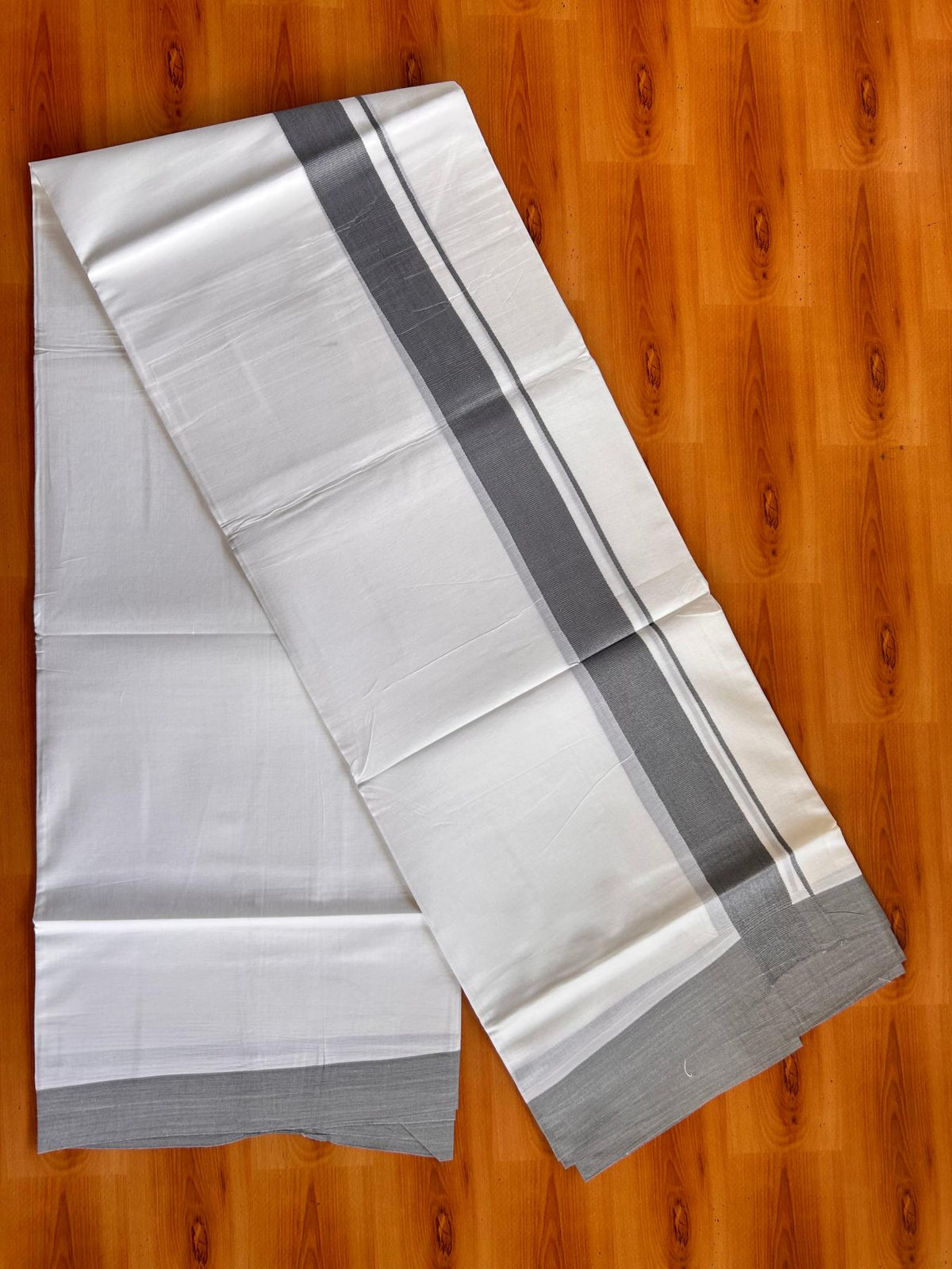 Pure White Double Mundu/Dhoti - 20% Discount ! Kaitharikada Pure Cotton - 100x80 - 1.5 inch Ash Grey Kara 3.80 mtr (8 muzham) - 22 KK5523 MC