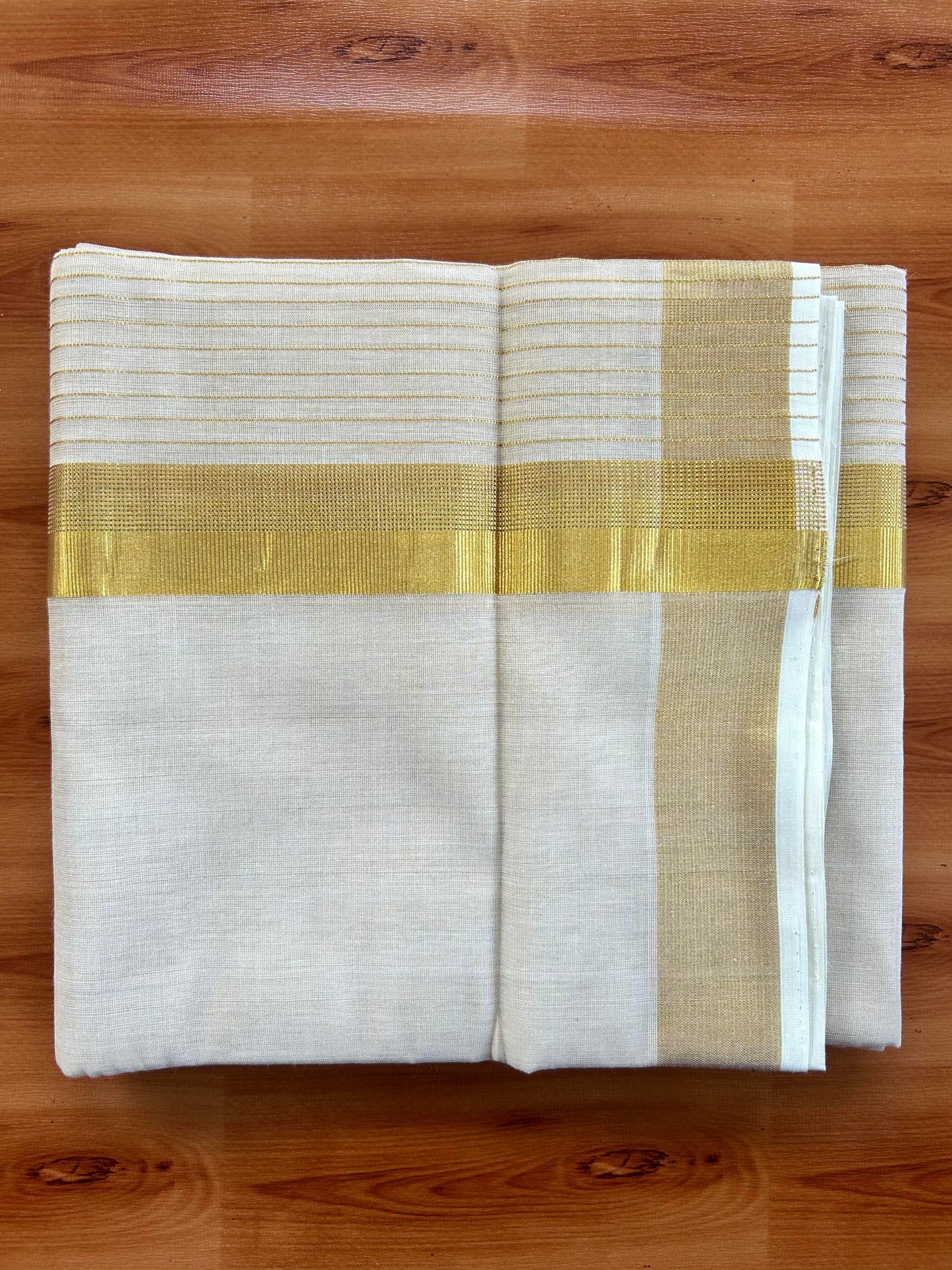 Double Off White - (Unbleached) Mundu/Dhoti -25% Discount! KaithariKada Handloom Millpaav Kerala Handloom - Pure Cotton - (80X78) - 6.5 inch Gold Kasav Tissue Striped Kara With Tissue Body 3.75 mtr (8 Muzham) - 4 KK5402 CED