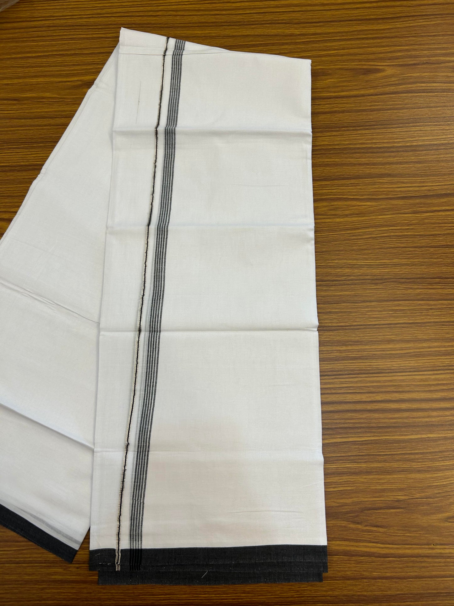 20% Discount ! KaithariKada Balaramapuram 100% Cotton Pure white Double Mundu/Dhoti - 100x80 - 0.5 inch Silver Kasav & Black striped Kara Between 3.78 - 3.90 m (8 muzham) - 97 KK5363 VIN