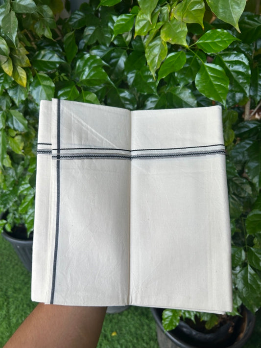 24% Discount !! KaithariKada Balaramapuram 100% Cotton OFF WHITE (Unbleached) Single Mundu/Dhoti - Twisted 60s Thread - 1 cm Silver Kasavu Black Thin Kara (2 meter / 4 muzham) - 4KK5236 GL