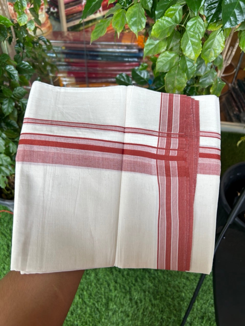 20% Discount ! Kaitharikada Balaramapuram 100% Cotton Double Off white (Unbleached) Mundu/Dhoti - 100x100 - 1.5 inch Brick Red shaded Stripes Kara - 8KK5186CKS