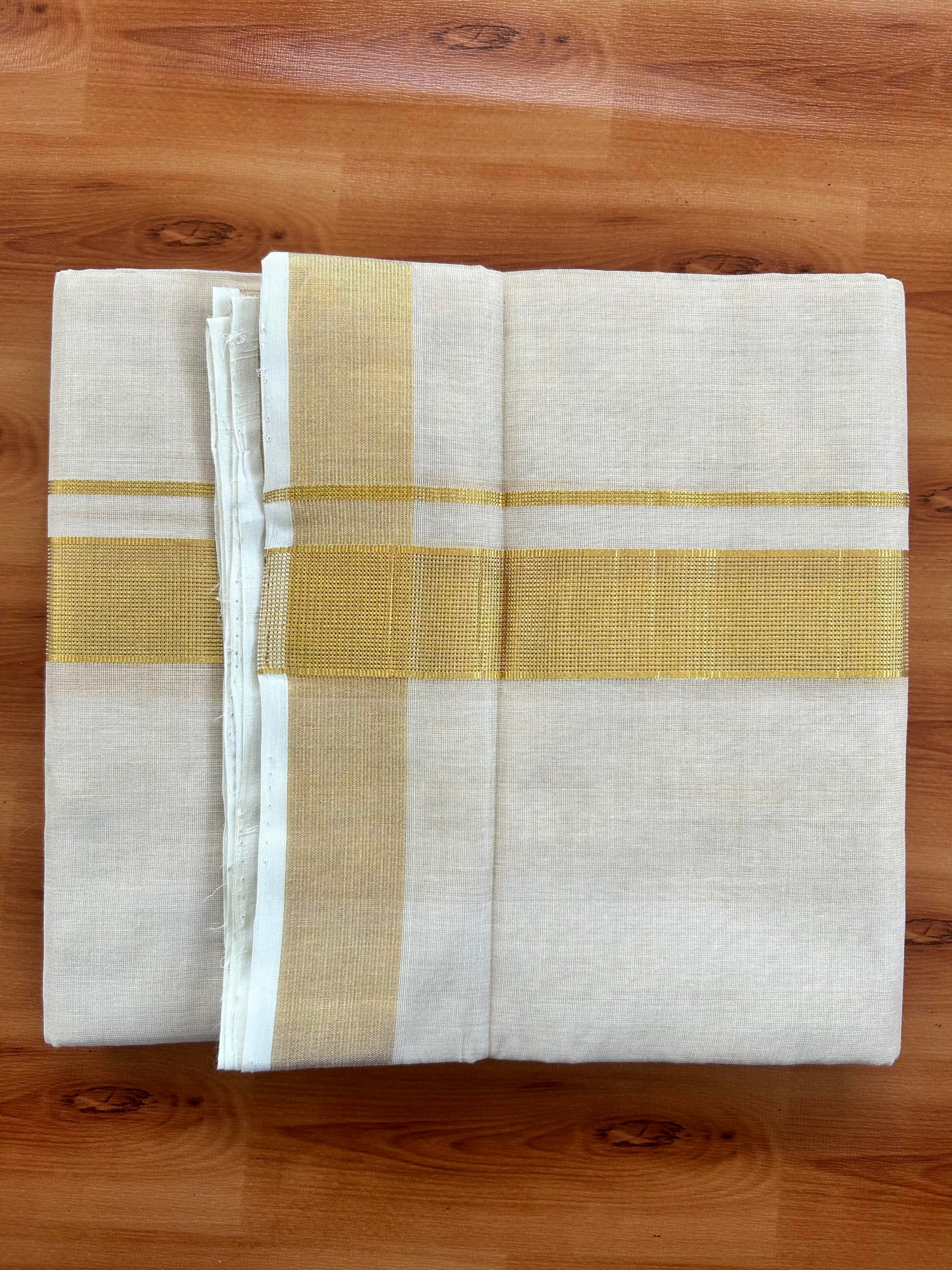 Double Off White - (Unbleached) Mundu/Dhoti -25% Discount! KaithariKada Handloom Millpaav Kerala Handloom - Pure Cotton - (80X78) - 1.5 inch Gold Kasav Kara With Tissue Body 3.75 mtr (8 Muzham) - 7 KK5402 CED