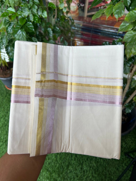 20% DISCOUNT! KaithariKada Balaramapuram 100% Pure Cotton off white - (Unbleached) Double Mundu/Dhoti - 100X80 - 1.75 inch Gold kasavu & Rose Pink Kasavu Stripes kara - 19KK5186CKS