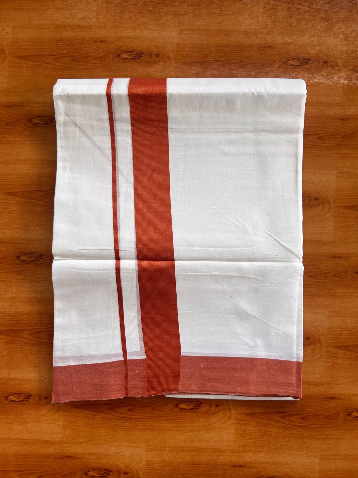 Pure White Double Mundu/Dhoti - 20% Discount ! Kaitharikada Pure Cotton - 100x80 - 1.5 inch Rust Orange Kara 3.80 mtr (8 muzham) - 23 KK5523 MC