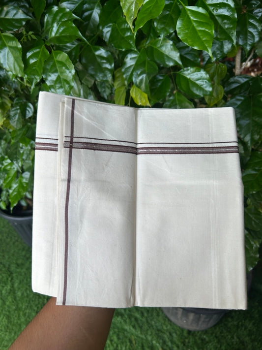 24% Discount !! KaithariKada Balaramapuram 100% Cotton OFF WHITE (Unbleached) Single Mundu/Dhoti - Twisted 60s Thread - 1 cm Silver Kasavu Brown Thin Kara (2 meter / 4 muzham) - 3KK5236 GL
