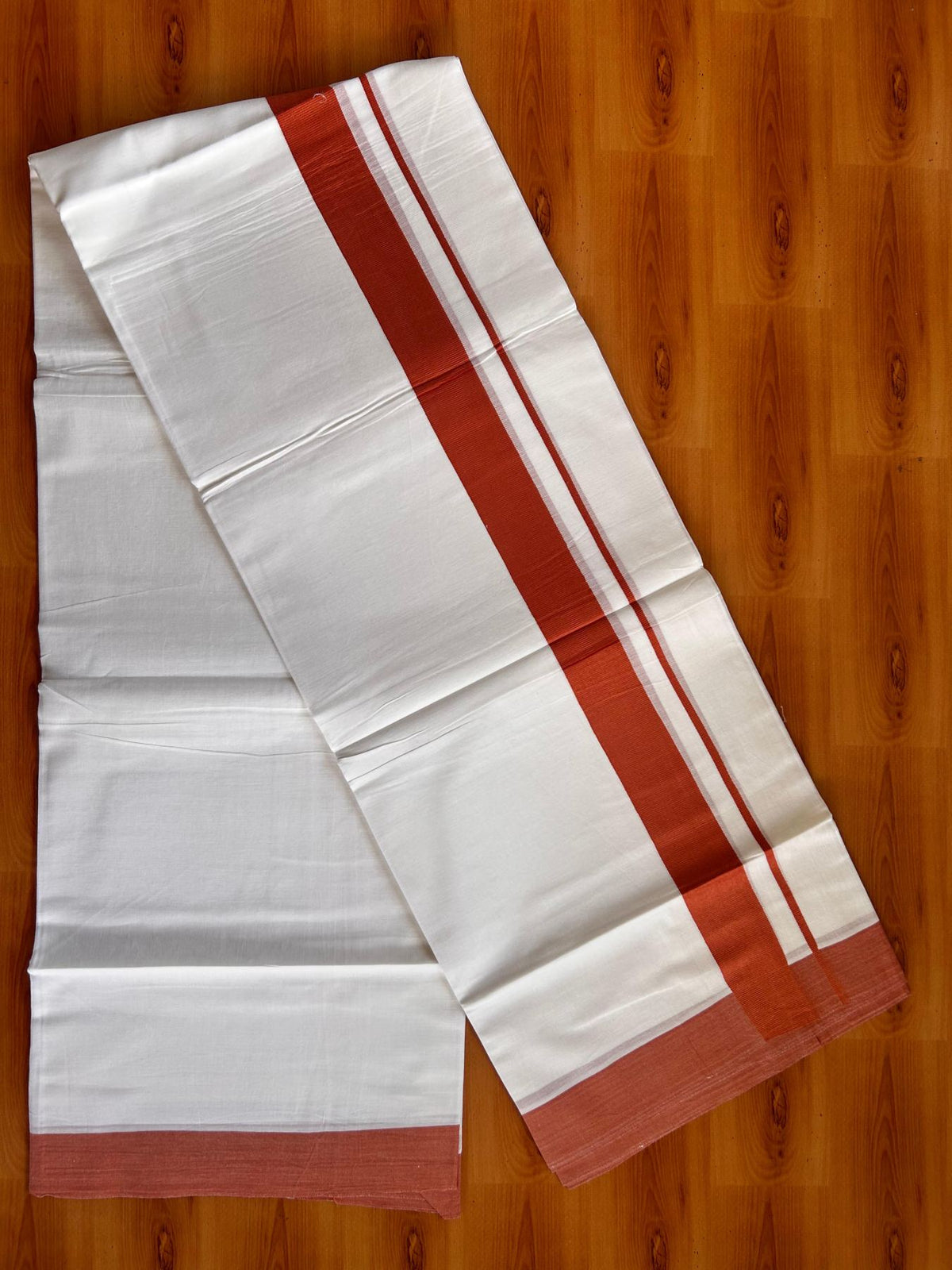 Pure White Double Mundu/Dhoti - 20% Discount ! Kaitharikada Pure Cotton - 100x80 - 1.5 inch Rust Orange Kara 3.80 mtr (8 muzham) - 23 KK5523 MC