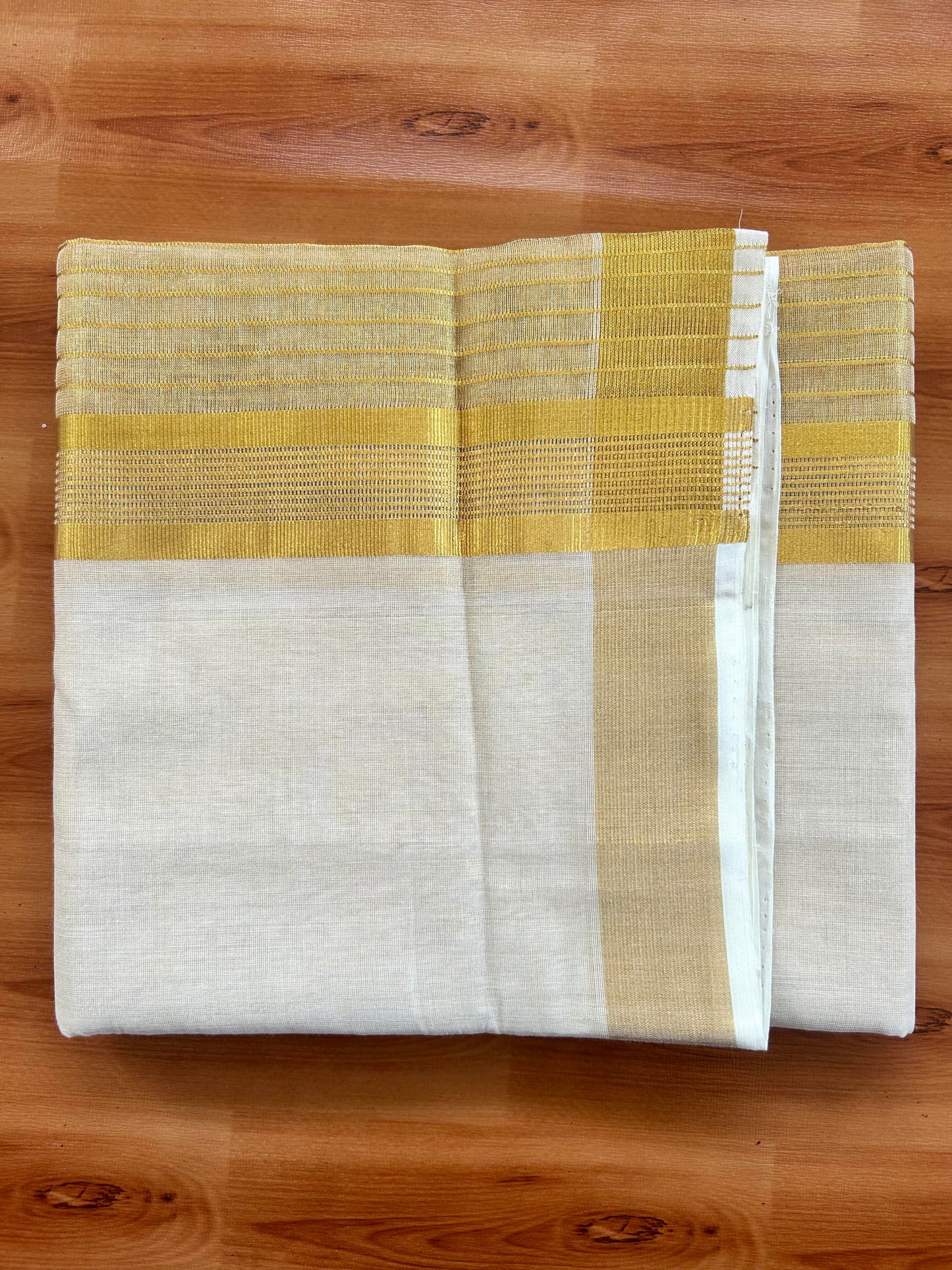 Double Off White - (Unbleached) Mundu/Dhoti -25% Discount! KaithariKada Handloom Millpaav Kerala Handloom - Pure Cotton - (80X78) - 6.5 inch Gold Kasav Tissue Striped Kara With Tissue Body 3.75 mtr (8 Muzham) - 2 KK5402 CED
