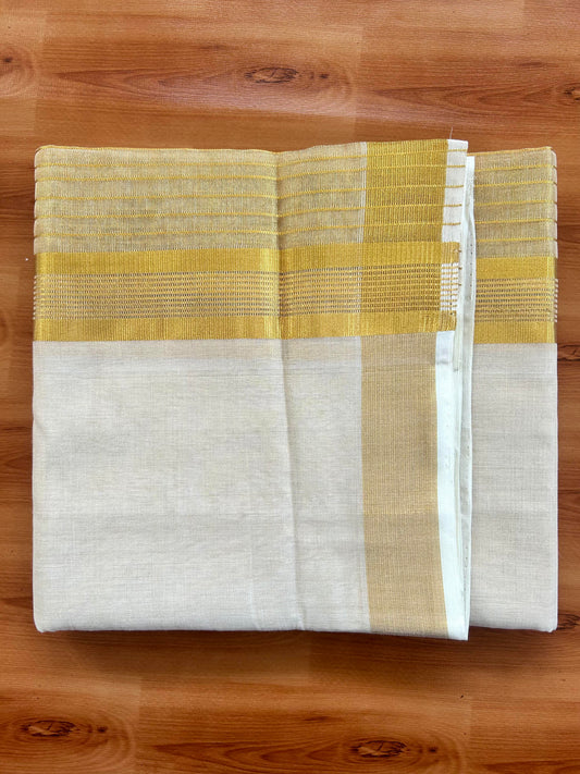 Double Off White - (Unbleached) Mundu/Dhoti -25% Discount! KaithariKada Handloom Millpaav Kerala Handloom - Pure Cotton - (80X78) - 6.5 inch Gold Kasav Tissue Striped Kara With Tissue Body 3.75 mtr (8 Muzham) - 2 KK5402 CED