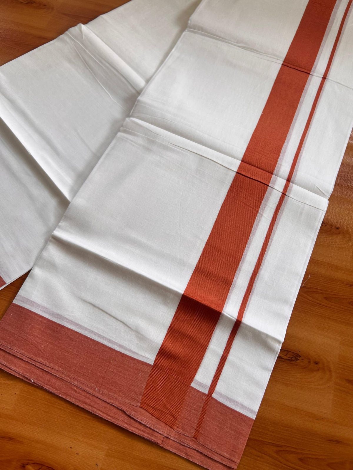 Pure White Double Mundu/Dhoti - 20% Discount ! Kaitharikada Pure Cotton - 100x80 - 1.5 inch Rust Orange Kara 3.80 mtr (8 muzham) - 23 KK5523 MC