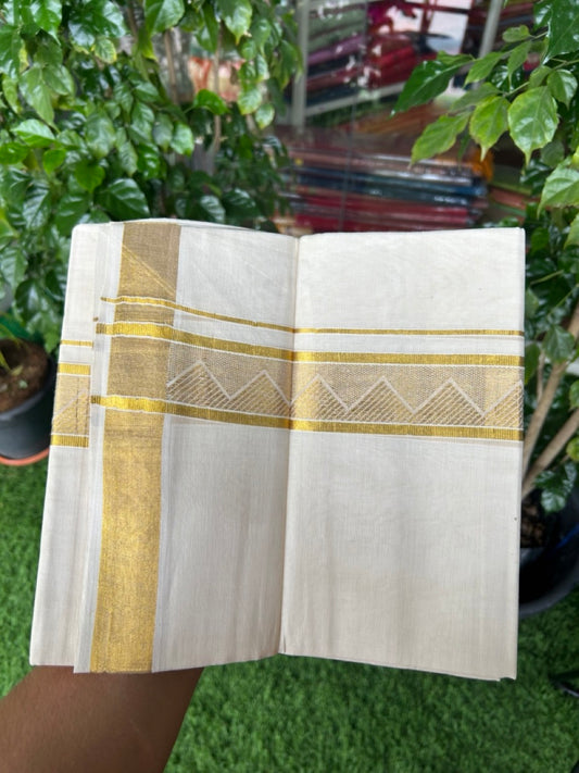 20% DISCOUNT! KaithariKada Balaramapuram 100% Pure Cotton off white - (Unbleached) Double Mundu/Dhoti - 100X80 - 1.75 inch Gold kasavu Jacquard Design kara - 16KK5186CKS