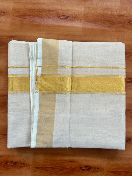 Double Off White - (Unbleached) Mundu/Dhoti -25% Discount! KaithariKada Handloom Millpaav Kerala Handloom - Pure Cotton - (80X78) - 1.5 inch Gold Kasav Kara With Tissue Body 3.75 mtr (8 Muzham) - 10 KK5402 CED
