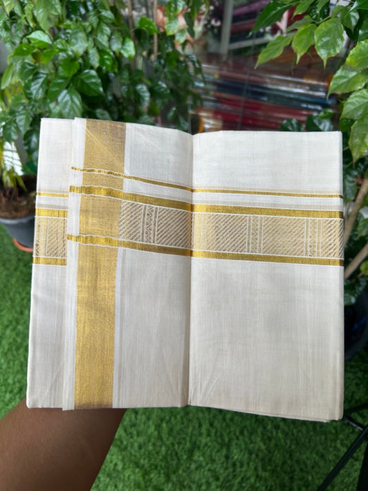 20% DISCOUNT! KaithariKada Balaramapuram 100% Pure Cotton off white - (Unbleached) Double Mundu/Dhoti - 100X80 - 1.75 inch Gold kasavu Jacquard Design kara - 15KK5186CKS