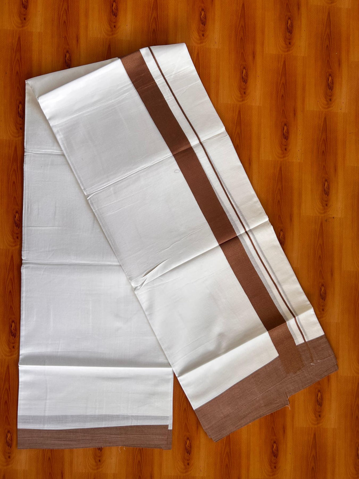 Pure White Double Mundu/Dhoti - 20% Discount ! Kaitharikada Pure Cotton - 100x80 - 1.5 inch Coffee Brown Kara 3.80 mtr (8 muzham) - 24 KK5523 MC