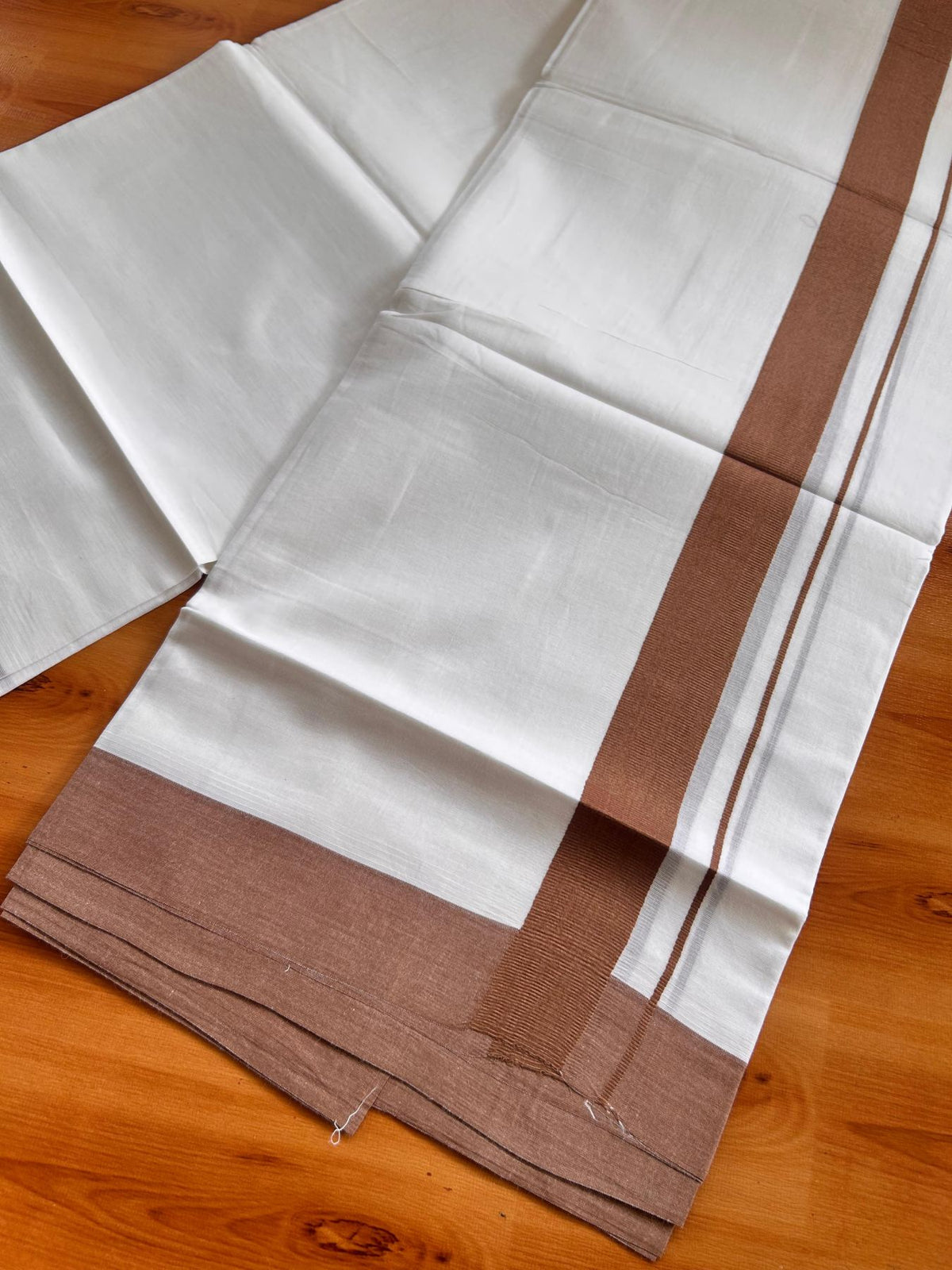 Pure White Double Mundu/Dhoti - 20% Discount ! Kaitharikada Pure Cotton - 100x80 - 1.5 inch Coffee Brown Kara 3.80 mtr (8 muzham) - 24 KK5523 MC