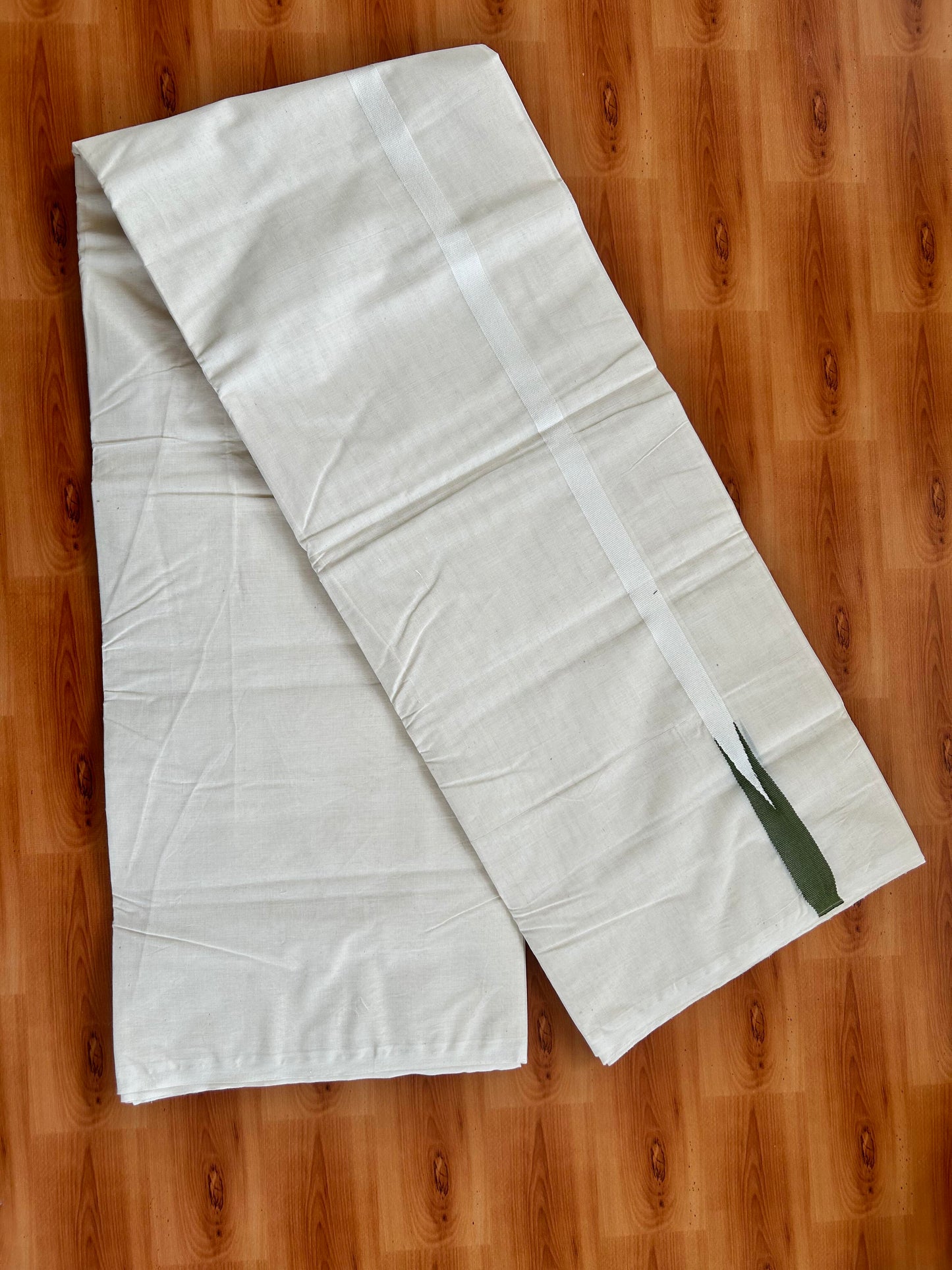 Double Off white Mundu/Dhoti - 20% Discount! KaithariKada Balaramapuram 100% Cotton - 100x100 - 0.5 inch Puliyilakkara Olive Green Chutty Kara - 4 mtr (8.5 muzham) - 3 KK5401 ASH