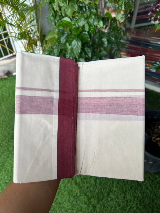 20% Discount ! Kaitharikada Balaramapuram 100% Cotton Double Off white (Unbleached) Mundu/Dhoti - 100x80 - 1.75 inch Dark Maroon shaded Kara - 2KK5186CKS