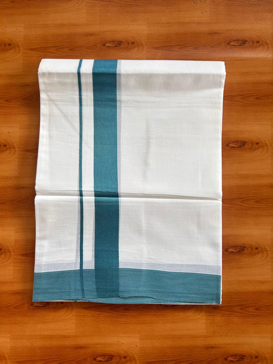 Pure White Double Mundu/Dhoti - 20% Discount ! Kaitharikada Pure Cotton - 100x80 - 1.5 inch Teal Blue Kara 3.80 mtr (8 muzham) - 25 KK5523 MC