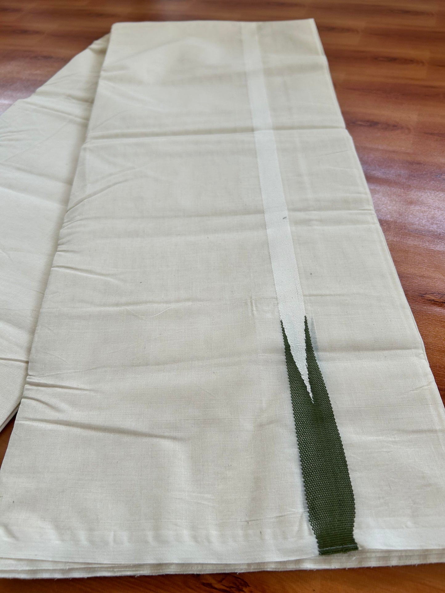 Double Off white Mundu/Dhoti - 20% Discount! KaithariKada Balaramapuram 100% Cotton - 100x100 - 0.5 inch Puliyilakkara Olive Green Chutty Kara - 4 mtr (8.5 muzham) - 3 KK5401 ASH