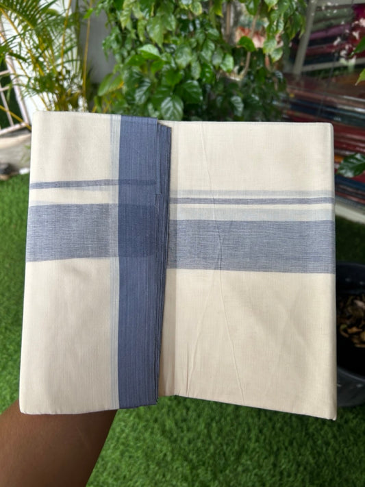 20% Discount ! Kaitharikada Balaramapuram 100% Cotton Double Off white (Unbleached) Mundu/Dhoti - 100x80 - 1.75 inch Blue shaded Kara - 1KK5186CKS