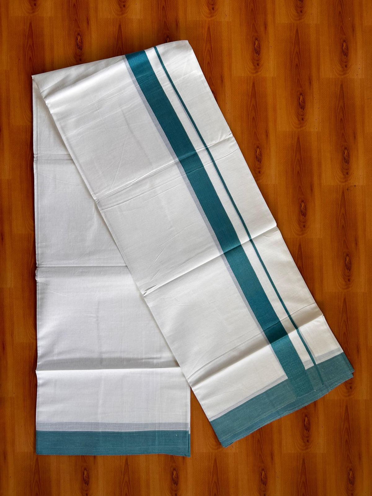 Pure White Double Mundu/Dhoti - 20% Discount ! Kaitharikada Pure Cotton - 100x80 - 1.5 inch Teal Blue Kara 3.80 mtr (8 muzham) - 25 KK5523 MC