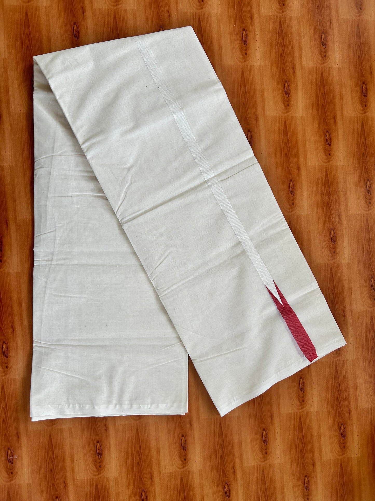 Double Off white Mundu/Dhoti - 20% Discount! KaithariKada Balaramapuram 100% Cotton - 100x100 - 0.5 inch Puliyilakkara Red Chutty Kara - 4 mtr (8.5 muzham) - 2 KK5401 ASH