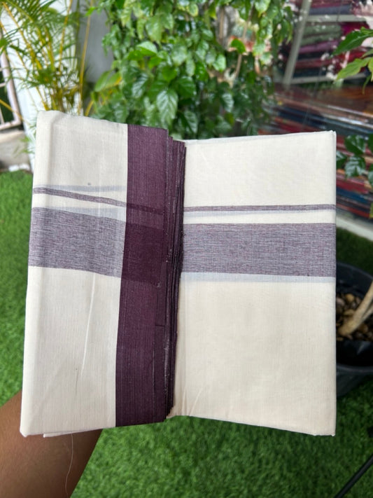 20% Discount ! Kaitharikada Balaramapuram 100% Cotton Double Off white (Unbleached) Mundu/Dhoti - 100x80 - 1.75 inch Wine Purple shaded Kara - 7KK5186CKS