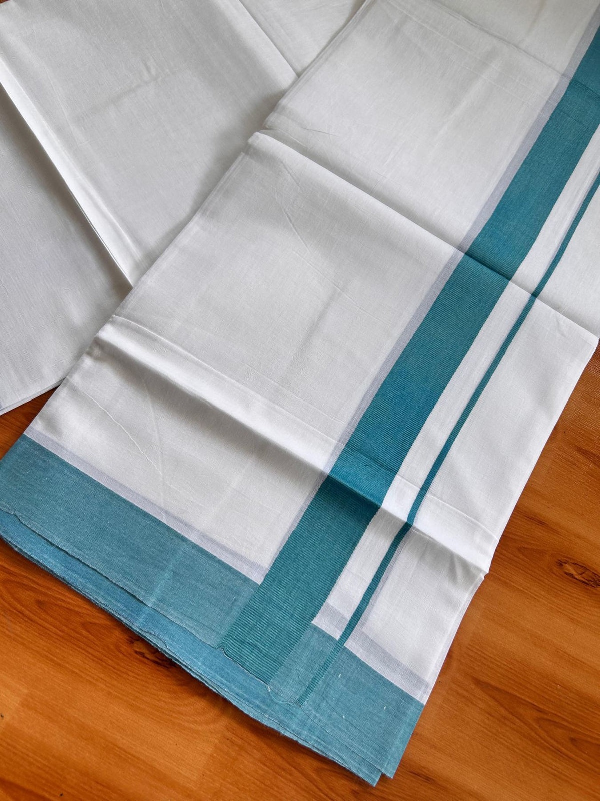 Pure White Double Mundu/Dhoti - 20% Discount ! Kaitharikada Pure Cotton - 100x80 - 1.5 inch Teal Blue Kara 3.80 mtr (8 muzham) - 25 KK5523 MC