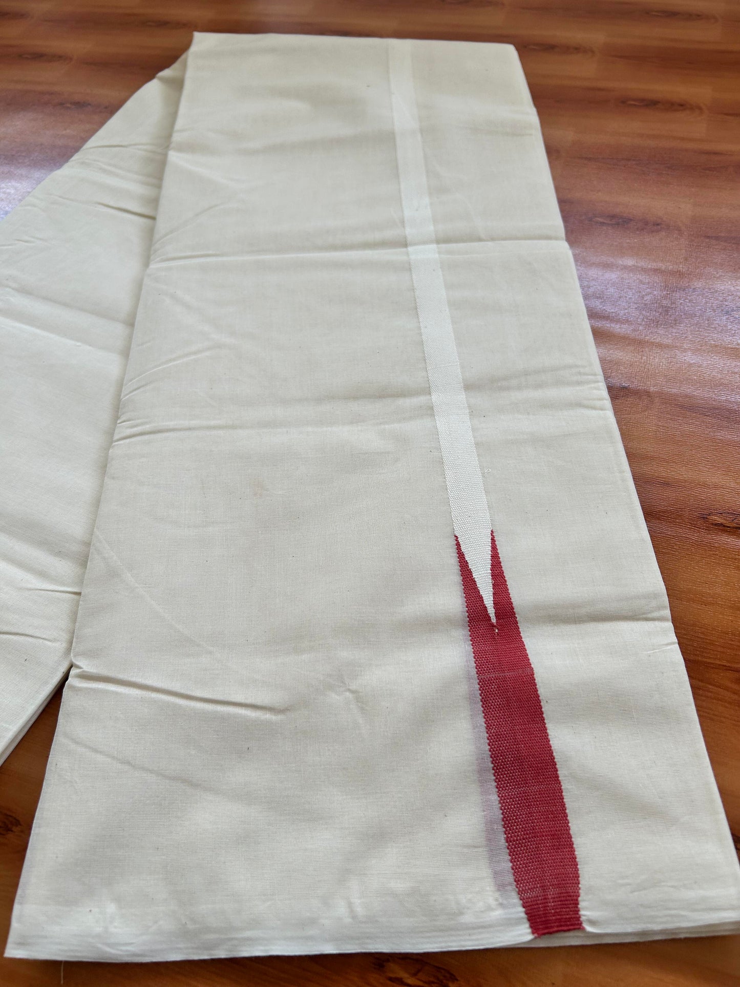 Double Off white Mundu/Dhoti - 20% Discount! KaithariKada Balaramapuram 100% Cotton - 100x100 - 0.5 inch Puliyilakkara Red Chutty Kara - 4 mtr (8.5 muzham) - 2 KK5401 ASH