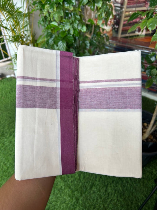 20% Discount ! Kaitharikada Balaramapuram 100% Cotton Double Off white (Unbleached) Mundu/Dhoti - 100x80 - 1.75 inch Grape Wine shaded Kara - 6KK5186CKS