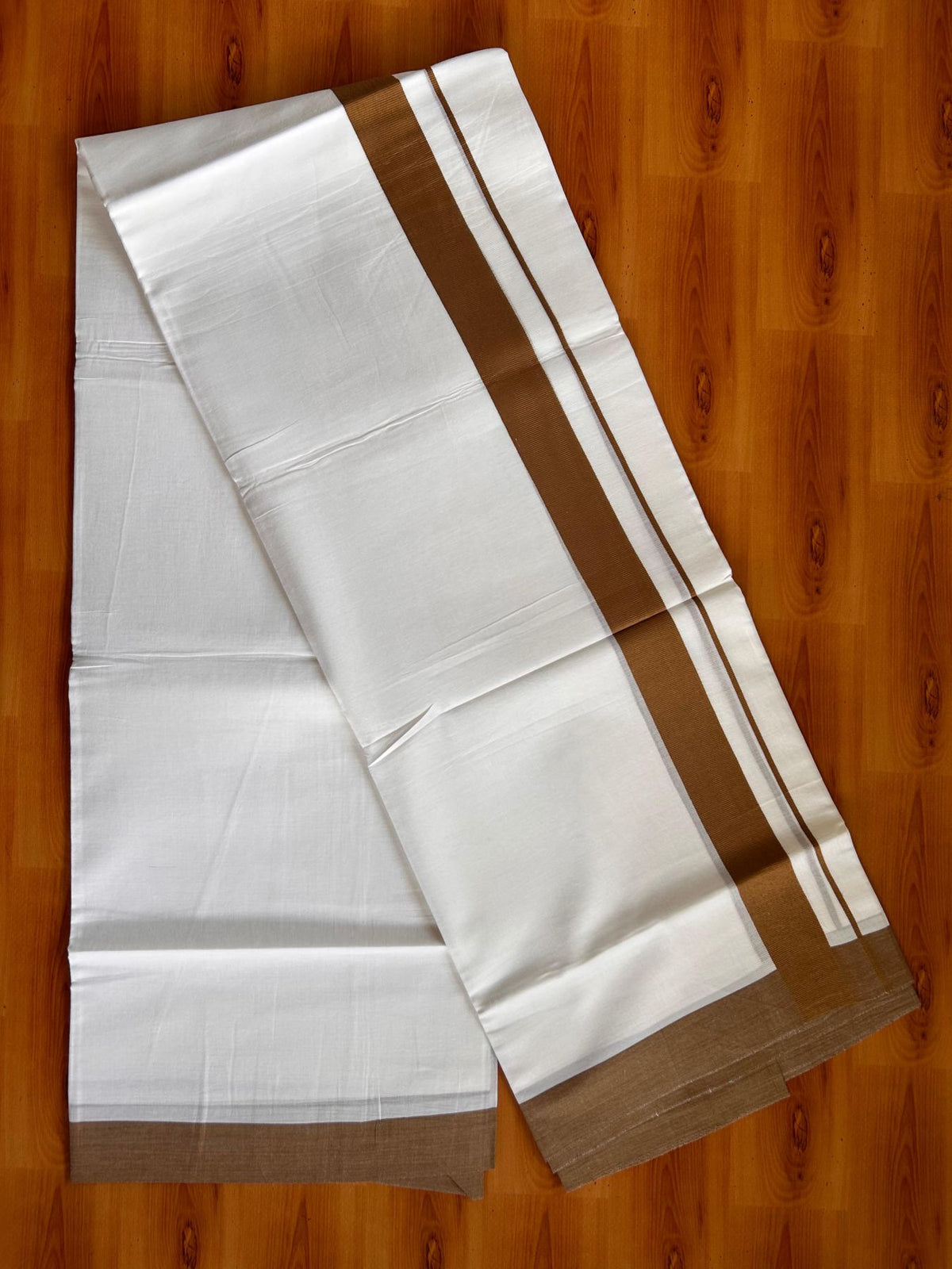 Pure White Double Mundu/Dhoti - 20% Discount ! Kaitharikada Pure Cotton - 100x80 - 1.5 inch Cinnamon brown Kara 3.80 mtr (8 muzham) - 26 KK5523 MC