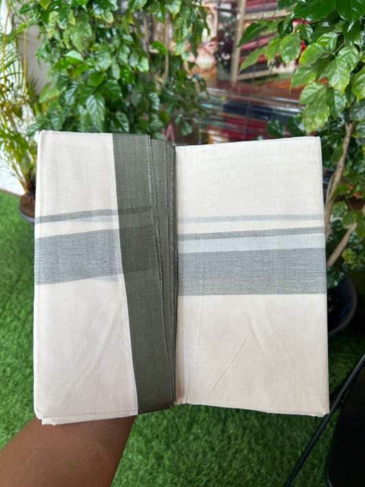 20% Discount ! Kaitharikada Balaramapuram 100% Cotton Double Off white (Unbleached) Mundu/Dhoti - 100x80 - 1.5 inch Dark Olive green shaded Kara - 5KK5186CKS