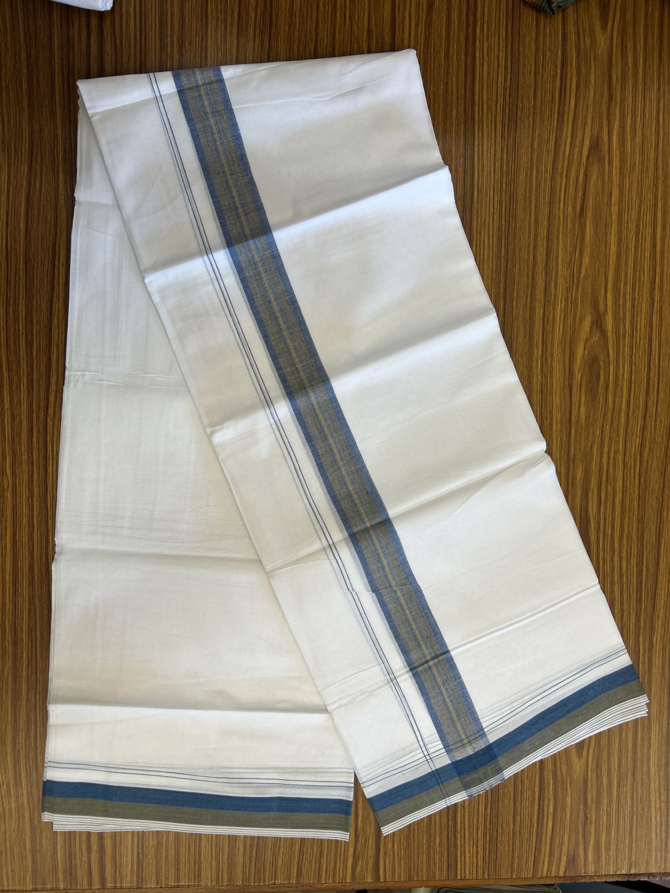 20% Discount! KaithariKada Balaramapuram 100% Cotton Double Pure white Mundu/Dhoti - 100X80 - 1.5 inch Blue & Mustard yellow shaded Stripes kara - 4 mtr ( 8.5 muzham) - 119 KK5341 VIN