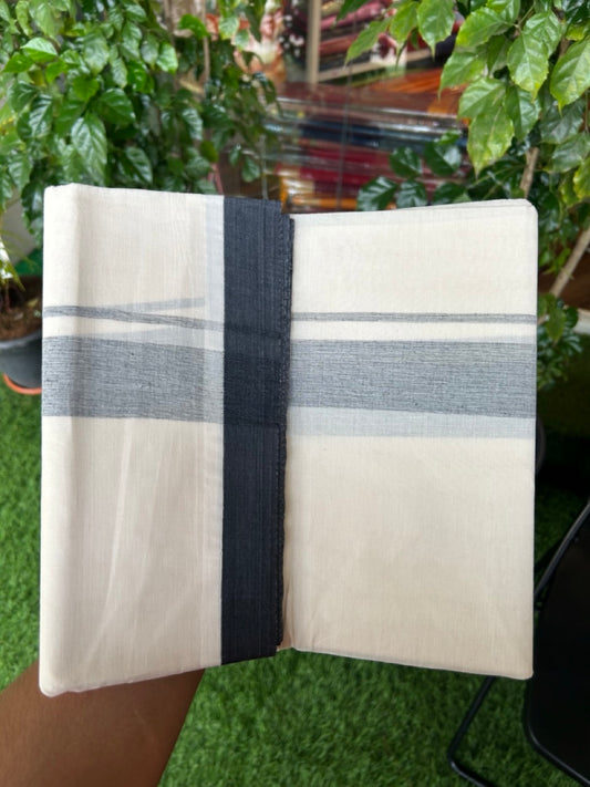 20% Discount ! Kaitharikada Balaramapuram 100% Cotton Double Off white (Unbleached) Mundu/Dhoti - 100x80 - 1.5 inch Black shaded Kara - 4KK5186CKS