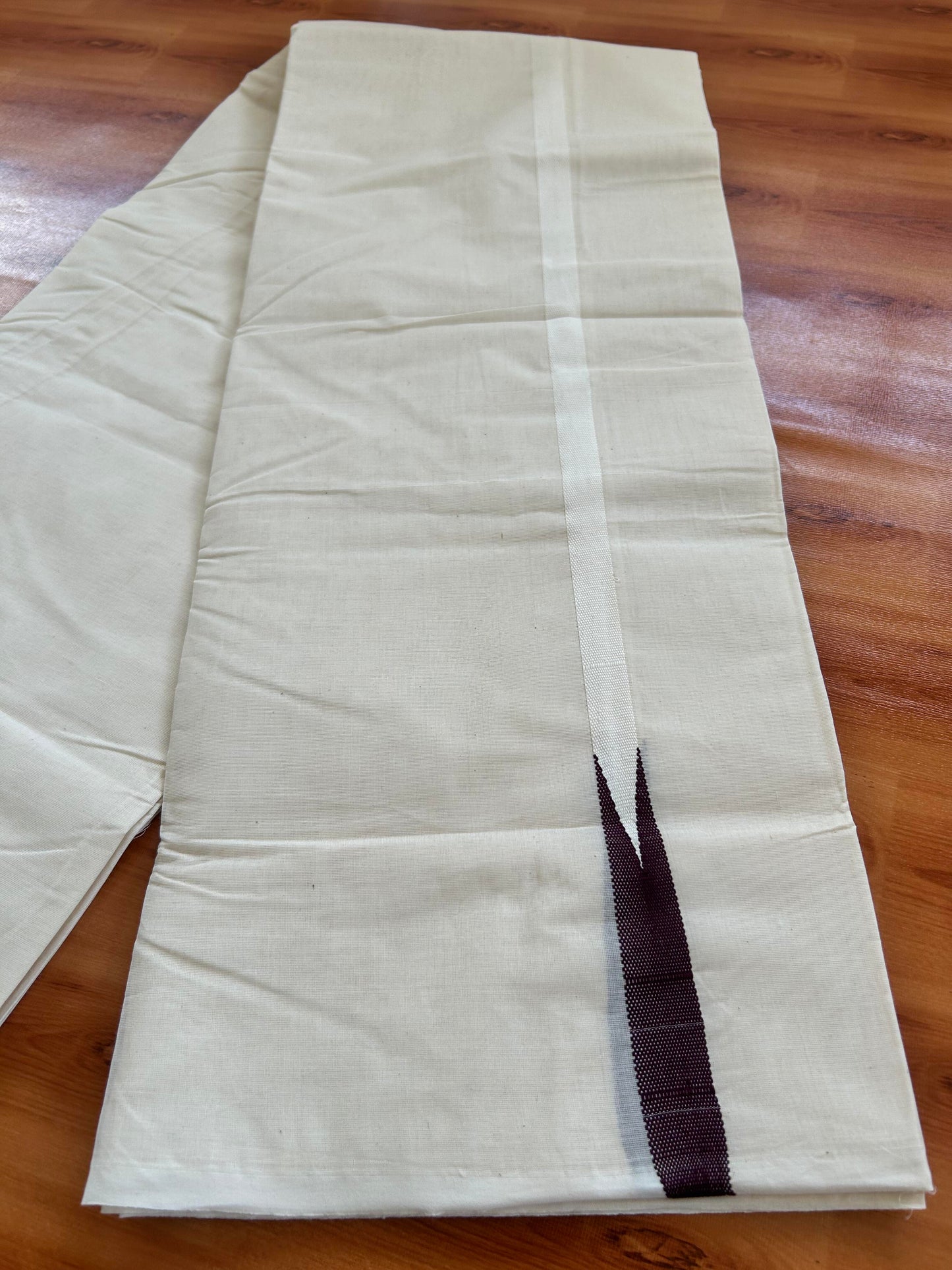 Double Off white Mundu/Dhoti - 20% Discount! KaithariKada Balaramapuram 100% Cotton - 100x100 - 0.5 inch Puliyilakkara Dark Wine Chutty Kara - 4 mtr (8.5 muzham) - 4 KK5401 ASH
