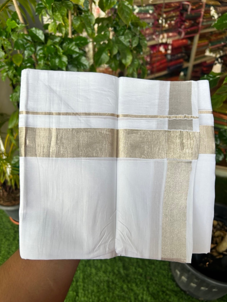 20% DISCOUNT!! KaithariKada Balaramapuram 100% Cotton DOUBLE PURE WHITE Mundu/Dhoti - 100x80 - 1.5 inch Silver Kasavu Kara - 51KK5191CKS