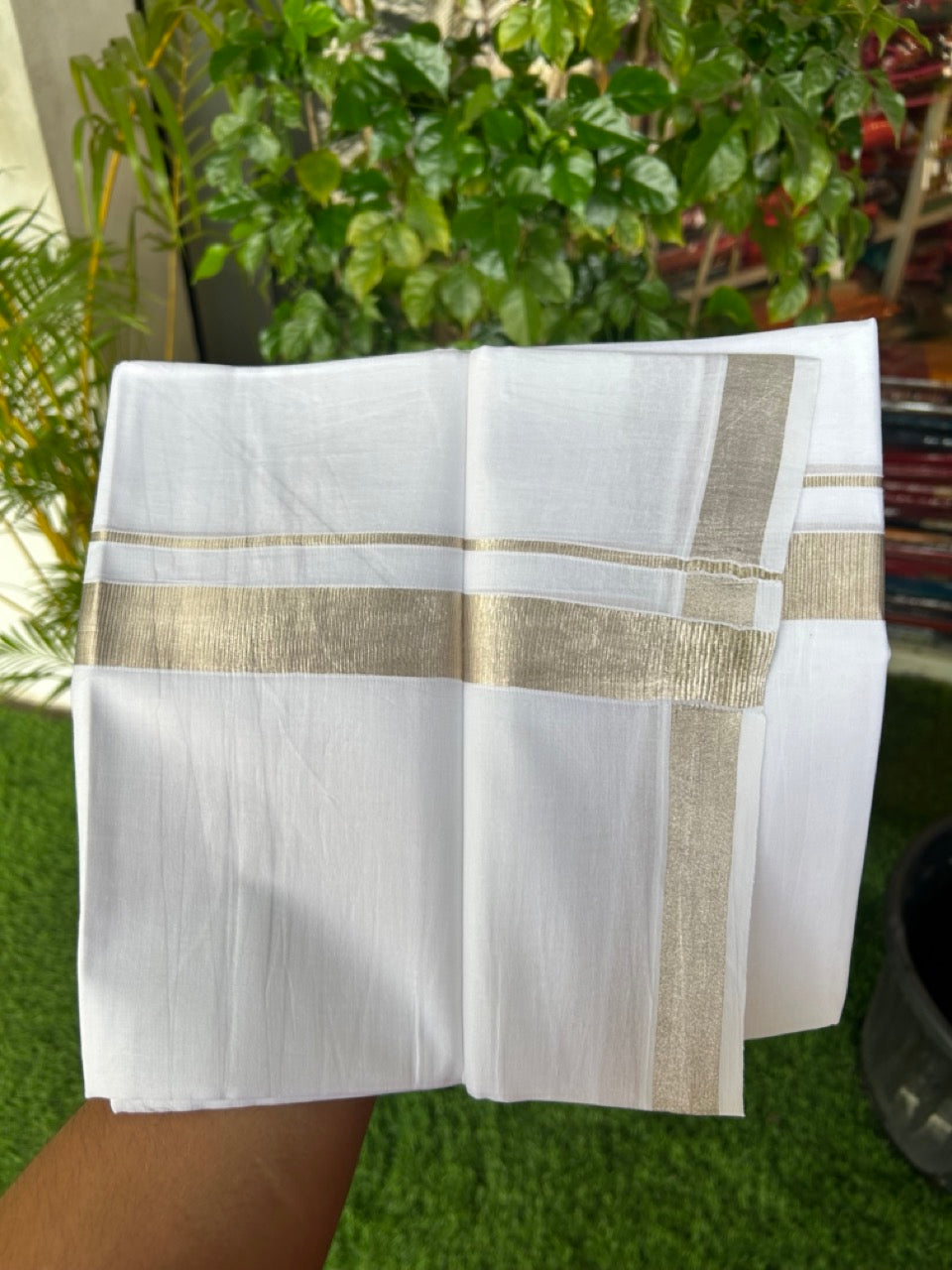 20% DISCOUNT!! KaithariKada Balaramapuram 100% Cotton DOUBLE PURE WHITE Mundu/Dhoti - 100x100 - 1 inch Silver Kasavu Kara - 1KK5191CKS