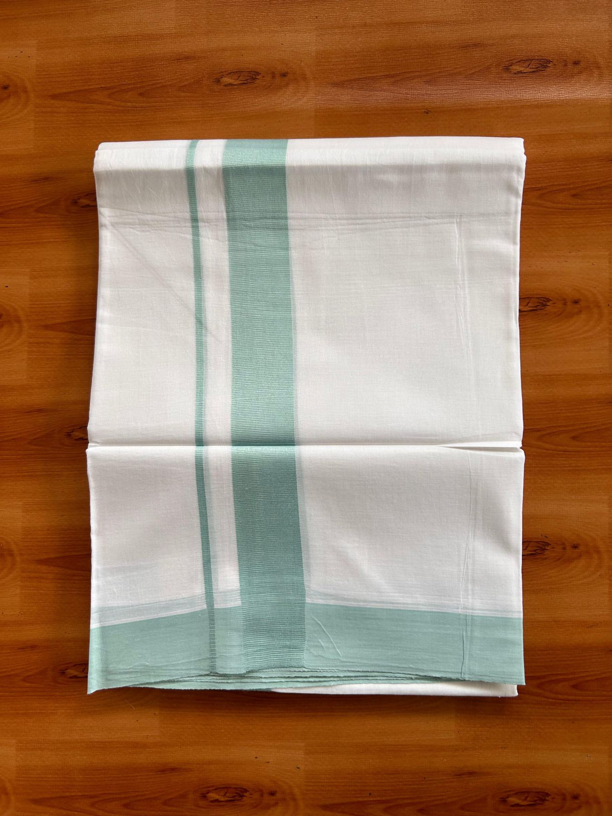 Pure White Double Mundu/Dhoti - 20% Discount ! Kaitharikada Pure Cotton - 100x80 - 1.5 inch Light Turquoise Kara 3.80 mtr (8 muzham) - 28 KK5523 MC