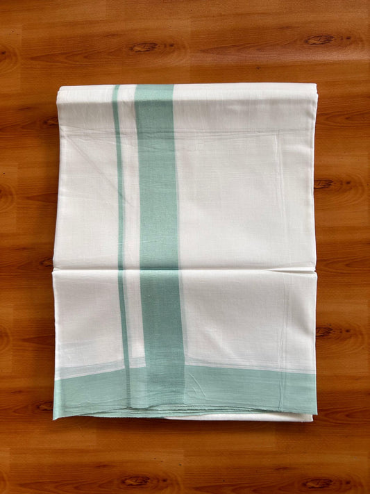 Pure White Double Mundu/Dhoti - 20% Discount ! Kaitharikada Pure Cotton - 100x80 - 1.5 inch Light Turquoise Kara 3.80 mtr (8 muzham) - 28 KK5523 MC