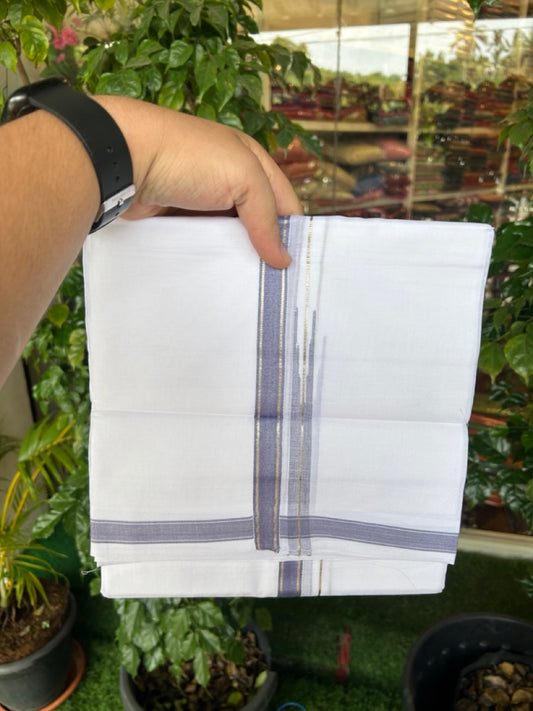 20% Discount !! Kaitharikada Balaramapuram 100% Cotton PURE WHITE Double Mundu/Dothi - 100x80 - 0.5 inch Silver Kasavu & Ash Blue Chutty Kara - 16KK5191CKS