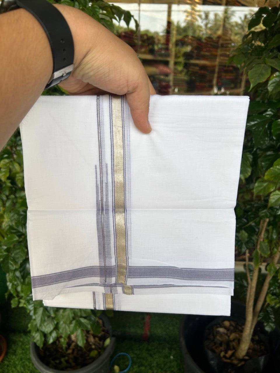 20% Discount !! Kaitharikada Balaramapuram 100% Cotton PURE WHITE Double Mundu/Dothi - 100x80 - 0.5 inch Silver Kasavu & Ash Blue Chutty Kara - 15KK5191CKS