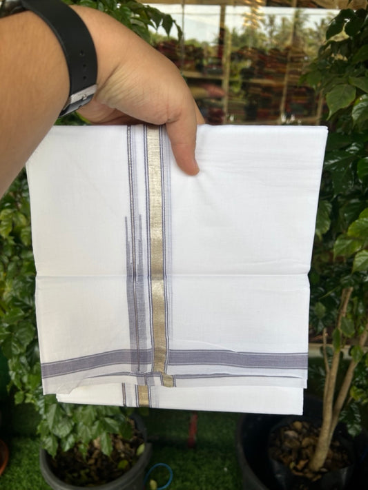 20% Discount !! Kaitharikada Balaramapuram 100% Cotton PURE WHITE Double Mundu/Dothi - 100x80 - 0.5 inch Silver Kasavu & Ash Blue Chutty Kara - 15KK5191CKS
