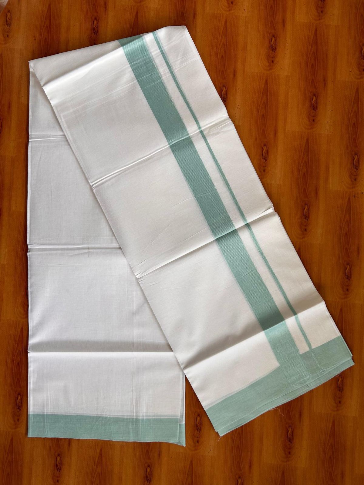 Pure White Double Mundu/Dhoti - 20% Discount ! Kaitharikada Pure Cotton - 100x80 - 1.5 inch Light Turquoise Kara 3.80 mtr (8 muzham) - 28 KK5523 MC